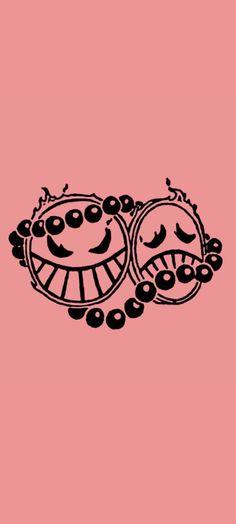 two cartoon faces are in the middle of a pink background with black circles around them