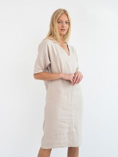 JASMINE Linen Dress  / Linen Tunic Dress / Linen Summer Dress / Midi Dress Oversized V-neck Midi Dress For Daywear, Beige Relaxed Fit V-neck Midi Dress, Neutral V-neck Dress For Daywear, Beige Linen V-neck Dress, Oversized Linen V-neck Dress, Spring Casual Linen V-neck Dress, Casual Linen V-neck Dress For Spring, Casual Beige Linen V-neck Dress, Relaxed Fit V-neck Midi Dress For Daywear