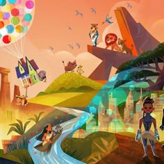 an animated scene with people flying kites in the sky, and buildings on land