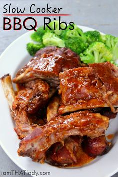 slow cooker bbq ribs on a plate with broccoli