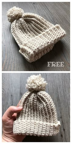 two photos showing how to crochet a beanie