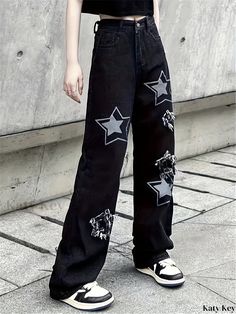 Katykey - Womens Star Graphic Casual Straight Jeans: Fashionable Loose Fit Street Style Denim Pants Streetwear Wide Leg Bottoms With Star Print, Wide Leg Bottoms With Star Print For Streetwear, Star Print Wide Leg Bottoms For Streetwear, Black Straight Leg Pants With Star Print, Wide Leg Star Print Bottoms For Streetwear, Cotton Star Print Pants For Streetwear, Black Star Print Bottoms For Streetwear, Casual Star Print Bottoms For Streetwear, Trendy Straight Leg Jeans With Star Print