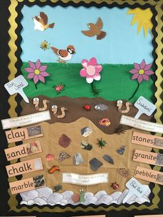 a bulletin board with flowers, rocks and sand