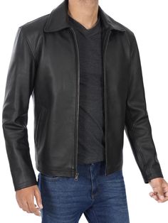 Upgrade your fashion game with the Harrington Men's Black Shirt Collar Cowhide Leather Jacket. Meticulously designed for a classic look, this jacket features a shirt collar design that exudes timeless charm. The black cowhide leather adds an extra layer of rugged sophistication, making it suitable for various occasions. Whether you're headed to the office or a night out, the Men's Black Shirt Collar Cowhide Leather Jacket is your ultimate choice. Specification: 100% Real cowhide leather Internal Classic Black Leather Jacket With Lapel Collar, Luxury Black Leather Jacket With Lapel Collar, Luxury Semi-formal Leather Jacket With Lapel Collar, Luxury Single-breasted Leather Jacket With Lapel Collar, Mens Black Shirt, Luxury Black Leather Button-up Jacket, Shirt Collar Styles, Travel Jacket, Collar Leather Jacket