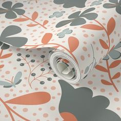 a floral wallpaper with grey, orange and pink flowers on white background in full bloom