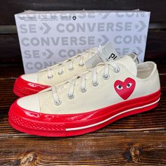 Nib Comme Des Garcons Play X Converse Chuck 70 Low Top Sneakers In Pristine / Red / Egret. Absolutely Gorgeous! Comes With New Box. Never Worn! 100% Authentic. Women’s Size 10; Men’s Size 8 Converse Custom Low-top Sneakers With Red Sole, Red Converse Sneakers With Rubber Sole, Grey Sneakers Women, Converse Chuck 70 Low, Play X Converse, Converse Star Player, Maroon Shoes, Chuck 70 Low, Black And White Converse