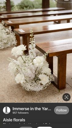 a bunch of flowers that are sitting in front of a bench on the ground next to each other