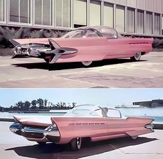 an old pink car is parked in front of a building and next to another one