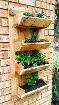 a wooden shelf filled with plants on top of a brick wall next to a planter