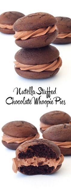 chocolate whoopie pies stacked on top of each other with the words nutella stuffed chocolate whoopie pies