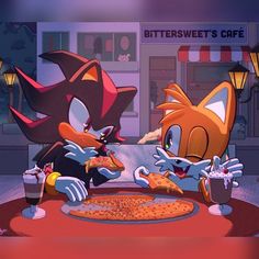 two cartoon characters eating pizza at a table