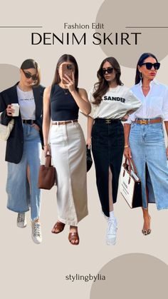 Denim skirt outfit ideas Classic Denim Outfits, Denim Skirt And Shirt Outfit, Denim Skirt Outfit Work, Gonna Jeans Outfit, Outfit Ideas Denim Skirt, Classy Denim Outfits For Women, Denim Skirt Work Outfit, Starting Minimalism, Midi Denim Skirt Outfit Fall