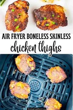 air fryer boneless skinless chicken thighs on the grill with text overlay