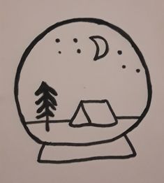 a drawing of a snow globe with a tent and trees in the snow on it