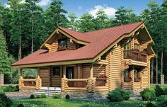 a log house with a red roof and windows on the front porch is surrounded by greenery