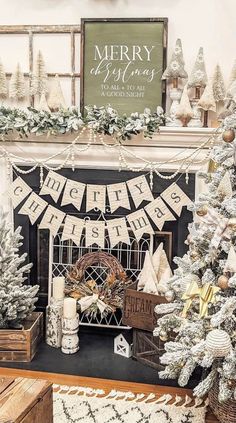 a fireplace decorated for christmas with stockings, garlands and trees in front of it