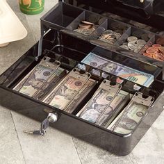 an open briefcase filled with lots of money