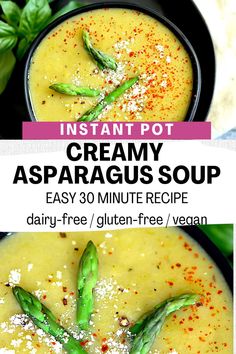 creamy asparagus soup in a black bowl