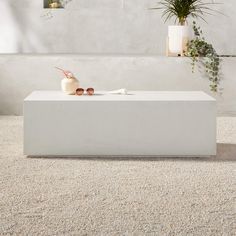 a white coffee table sitting on top of a carpeted floor next to a potted plant