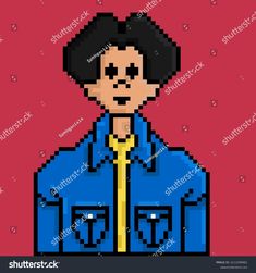 an old pixel art style man wearing a blue shirt and yellow tie with his head tilted to the side