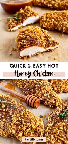 chicken and honey crackers on a baking sheet with the words quick & easy hot honey chicken