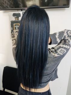 Black Hair Dyed Blue, Black Hair Colours, Blue Over Black Hair, Black Hair And Blue Highlights, Blue Hair Highlights Straight Hair, Black Hair Ideas Color Highlights, Dark Blue With Black Hair, Hairstyle Blue, Ink Blue Hair