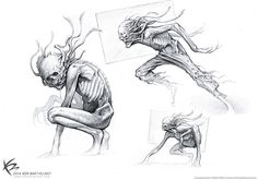 some sketches of an alien character in various poses