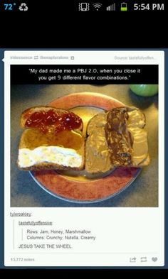 a plate with two sandwiches on it and an apple in the background that says, my dad made me a pbj 2 when you close