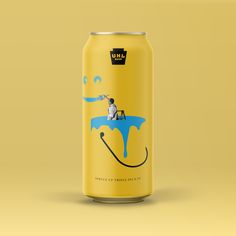 a can of beer with an image of a man on a surfboard