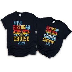 Celebrate in style with our matching Birthday Squad Cruise Shirts! Made with the high-quality Gildan brand, these shirts are available in both adult and youth sizes, ensuring the whole crew can join in on the fun. Perfect for marking those special birthday moments on your cruise, these comfortable and stylish tees are a must-have for your squad. Get ready to sail and party in matching fashion! -Unisex Sizes -Gildan Brand 100% Cotton -Tear Away Label -DTG Printing (We do not use any Vinyl) -Adult & Youth Sizes We highly recommend looking over our size charts, available to view in our listing photos. This way you will be sure to find the perfect fit for you and your family. 👉All items are made-to-order and will ship within one week from one of our printing partners. Please allow sufficient Family Matching Birthday T-shirt With Sublimation Print, Blue Sublimation Print T-shirt For Birthday, Family Matching T-shirt With Sublimation Print For Birthday, Family Matching Sublimation Print T-shirt For Birthday, Custom Print T-shirt For Birthday In Summer, Custom Print T-shirt For Summer Birthday, Summer Birthday Gift T-shirt With Short Sleeves, Summer Birthday T-shirt With Sublimation Print, Black Summer T-shirt For Birthday