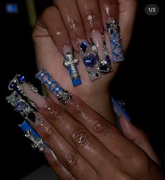 #nails #pinknails #acrylicnails #nail #summernails #summernail #pinknail #whitenails #gelnails #nudenails #springnails #darkskinnails #purplenails #fallnails #gemnails #dopenails #french #frenchnails Long Blue Nails Acrylic, Long Dark Blue Nails, Dark Blue Y2k Nails, Long Nails Blue, Birthday Nails Long Bling, Blue Junk Nails, Blue Nails Y2k, Blue Nails With Gems, Blue Y2k Nails