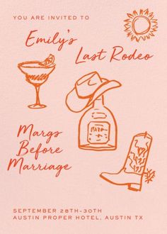 an orange and white card with the words enjoy's last rodeo, mango before marriage