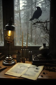 Dark academia vintage work desk with books, papers, vintage light, candles, autumn decorations, and crow outside Dark Academia Window Aesthetic, Gothic Office Desk, Old Dark Aesthetic, Vintage Lifestyle Aesthetic, Book Aesthetic Vintage Dark, Old House Aesthetic Dark, Dark Academia Lighting, Office Aesthetic Dark, Desk Aesthetic Dark