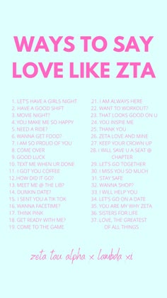 a pink and blue poster with the words ways to say love like zta