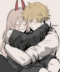 two anime characters hugging each other with horns on their heads