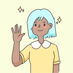 a woman with blue hair is waving her hand up to the side while wearing a yellow shirt and white collar