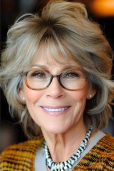 Tousled Feathered Layers Hairstyle for Women Over 70 with Glasses. Medium Haircuts For Women With Glasses, Haircut For 70 Year Old Woman, Soft Undercut, Deck Couch, Grey Hair And Glasses, Hair Stules, Feathered Layers, Curly Pixie Hairstyles, Short White Hair