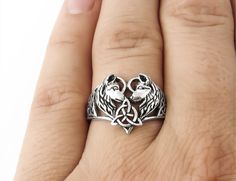 Heart Celtic wolf ring 925 sterling silver. ♥ FREQUENTLY BOUGHT TOGETHER ♥ - Celtic Wolf Heart Necklace: https://etsy.me/3jIw3Y1 - Silver Polishing Cloth: https://etsy.me/3ieXQyh Looking for more sterling silver jewelry? Check out our collection: https://charmphilosophy.etsy.com ♥ PACKAGING ♥ Our rings come in a jewelry box with a jewelry card background. If you would like a custom message included on the jewelry card background, please tell us in the GIFT MESSAGE when you pay. ♥ SHIPPING INFO ♥ Silver Ring With Wolf Design, Silver Wolf Design Ring As Gift, Wolf Design Ring Jewelry Gift, Wolf Design Ring Jewelry For Gift, 2 Wolves, Celtic Wolf, Silver Celtic Rings, Wolf Ring, Card Background