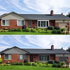 before and after shots of a house with grass in front