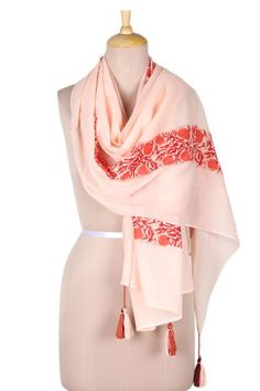 Wrap yourself in soft cotton with this lovely shawl from Indian artisan Arnab Roy. Hand crafted from 100% cotton the shawl features screen printed floral designs appliqued on soft peach-colored cloth. Tassels on either end of the shawl make for fun accents. Bohemian Cotton Shawl For Spring, Bohemian Cotton Scarves One Size, Bohemian Dupatta For Spring, Embroidered Bohemian Scarf For Spring, Bohemian Embroidered Scarves For Spring, Embroidered Bohemian Scarves For Spring, White Traditional Scarves For Spring, Traditional White Scarves For Spring, Pink Bohemian Cotton Scarves