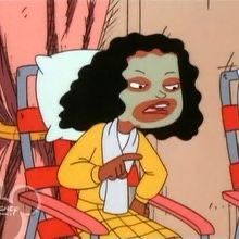 an animated image of a woman sitting in a chair with her mouth open and holding a bottle