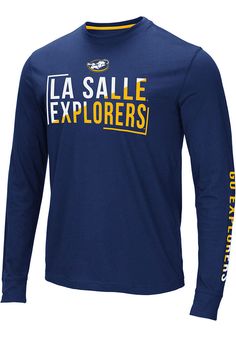 Show off your team pride in this La Salle Explorers Navy Blue Lutz Long Sleeve T Shirt! This La Salle Long Sleeve Tee features a rubberized print of La Salle name across chest with team logo down left sleeve. Make sure everyone knows you root for the Explorers with this Navy Blue La Salle T Shirt. Fight On, Explorers! Two tone rubberized team name across chest, Team logo printed down left sleeve, Relaxed fit, Unisex, 60% COTTON / 40% POLYESTER Cheap Collegiate Fan Gear Shirt, Cheap Blue Tops For Team Spirit, Affordable Sports T-shirt With Logo, Cotton Tops With Ribbed Cuffs For Fan Merchandise, Navy Casual Top With Team Name, Team-colored Tops With Ribbed Cuffs For Sports Events, Collegiate Team-colored Top With Lettering, Collegiate Tops With Team-colored Lettering, Team Spirit Long Sleeve Top With Lettering