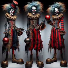 three creepy clowns are posed in different poses