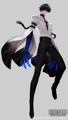 an anime character is dressed in black and white with blue streaks on his hair, holding her arms out to the side