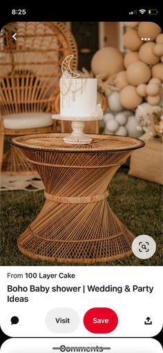 a cake sitting on top of a wicker table