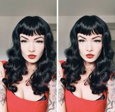 Betty Bangs Hairstyles, Bettie Bangs Long Hair, Pin Curls With Bangs, Pin Up Bangs Hairstyles, Pinup Hair With Bangs, 50s Hairstyles With Bangs, Alt Prom Hairstyles, Bettie Page Bangs, Gothabilly Hairstyles