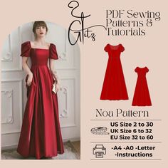 a woman in a long red dress standing next to a wall with the words sewing patterns and