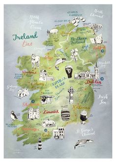 an illustrated map of ireland with all the major cities and towns in each country's capital