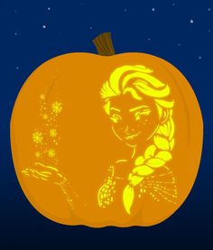 an illuminated pumpkin with a princess on it