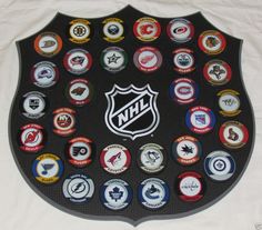 the hockey shield has many different badges on it